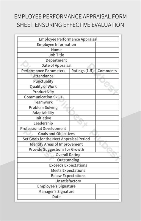 Employee Performance Appraisal Form Sheet Ensuring Effective Evaluation ... 