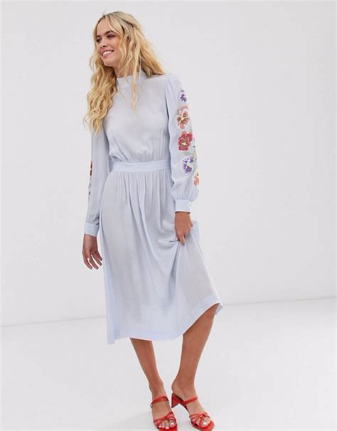 Other Stories Sheer Sleeves Floral Embroidered Midi Dress In Light