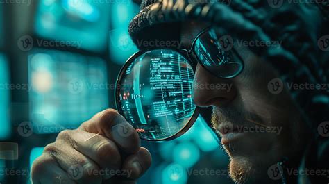 Cybersecurity Analyst Examining Code Through Magnifying Glass