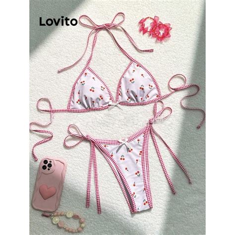 Lovito Casual Cartoon Tie Back Bikini Sets For Women LNA59460 Lovito Set Bikini Ikat Kartun
