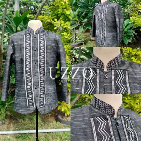 hablon modern coat barong attire  men black pina jusilin fabric