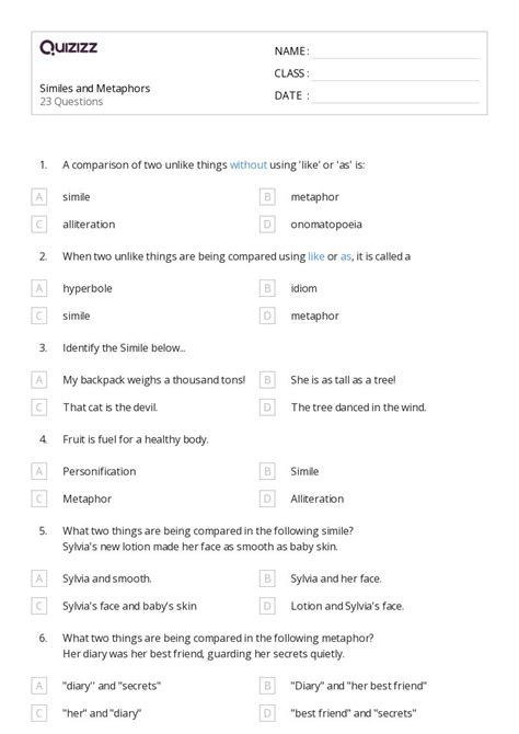 Similes Worksheets On Quizizz Free Printable