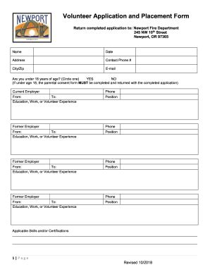 Fillable Online Volunteer Application And Placement Form City Of