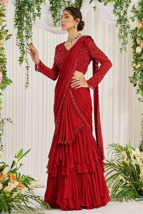 Buy Red Georgette Lining Shantoon Embroidery Pearl V Subh Shree Laal