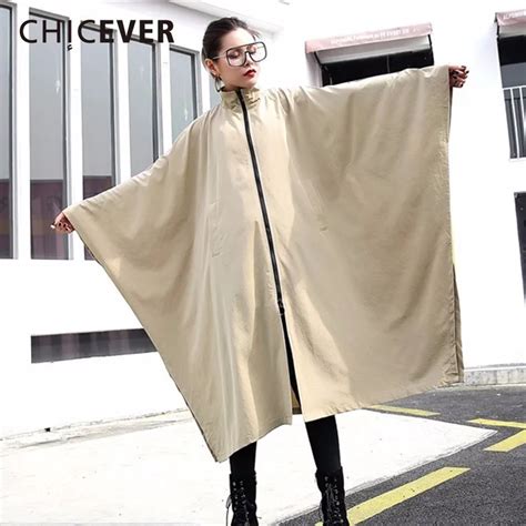 Chicever 2018 Spring Zipper Cloak Tench Coat For Women Windbreaker Batwing Sleeve Loose Big Size