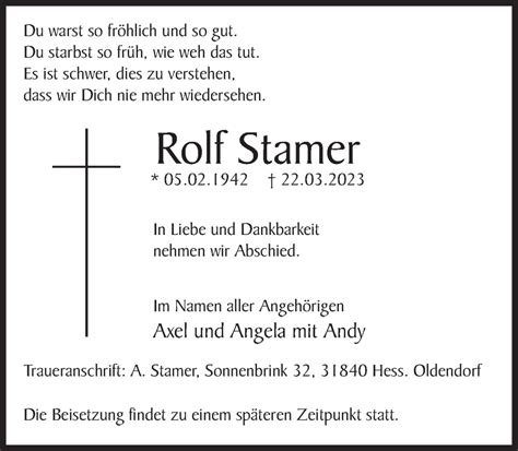 Traueranzeigen Von Rolf Stamer Trauerportal Ihrer Tageszeitung