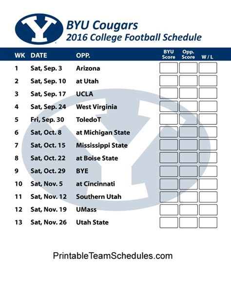 Printable BYU Cougars Football Schedule 2016 | Byu cougars, College football schedule, Byu ...