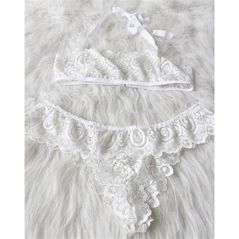 Sexy White Sheer Floral Lace Halter Demi Cup Bra And Panties Lingerie Set N19377