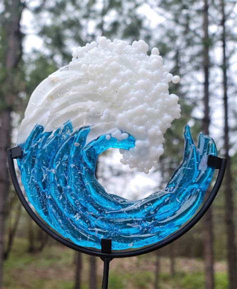 Ashes Infused Glass Cremation Art 3d Ocean Wave 5in Rod Iron Table Dis Infusion Glass