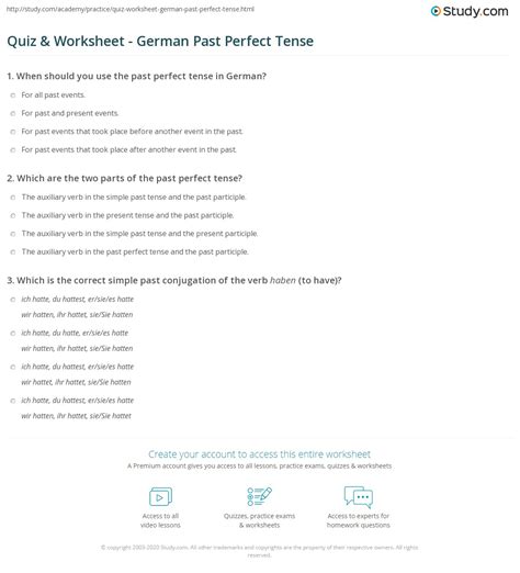 Quiz And Worksheet German Past Perfect Tense