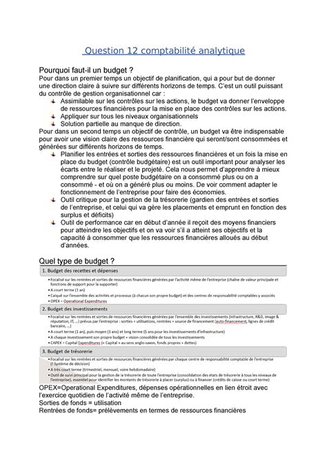 Question Synthese R Sum Comptabilit Analytique Et Contr Le De