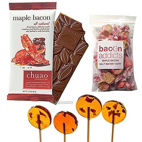 Chocolate Candies And Candy Are On Sticks In Front Of A Bag Of Bacon Snacks