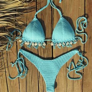 Crochet Bikini Set In Aqua Blue Light Turquoise With Seashells Can Be Made In Any Color Etsy