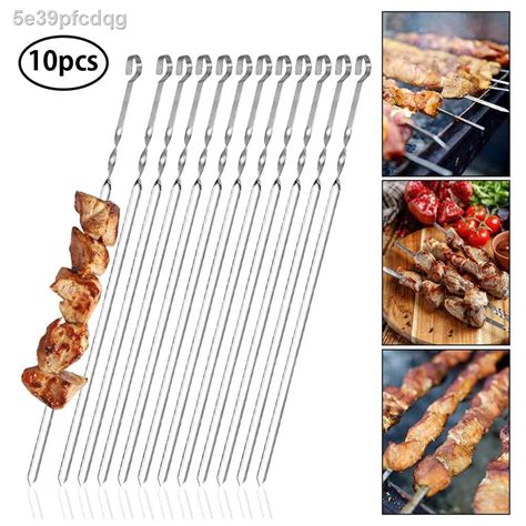 10pcs Stainless Steel Grill Skewers Kebab Skewers Flat Grill Kabob