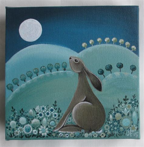 Moon gazing Hare. Original artwork. Hand painted box canvas.