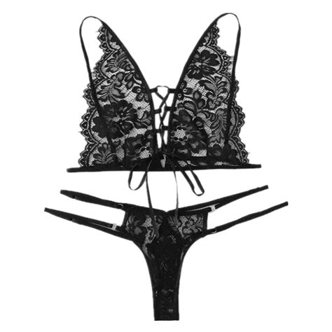 Sexy Strappy Sheer Floral Lace Spaghetti Straps Bra And G String Lingerie Set N