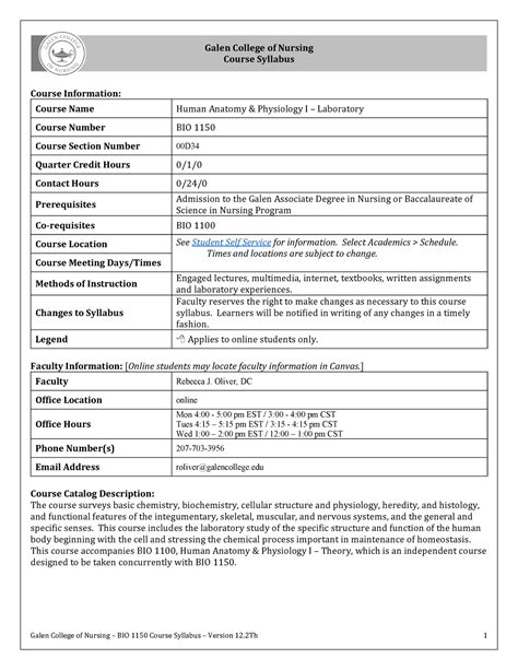 BIO1150 Syllabus Galen College Of Nursing Course Syllabus Course