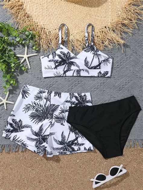 Tween Girl Pcs Palm Tree Print Bikini Set Bikini Bottom Summer Beach Shein Usa