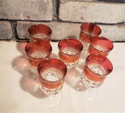 Set Of Seven 7 Vintage Cranberry Glass Cordial Glasses Etsy