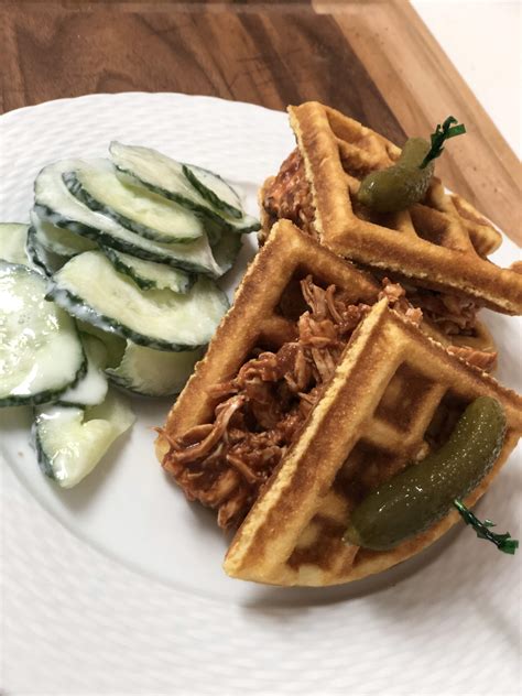 Pulled Chicken And Cornbread Waffles Three Chicks And A Whisk