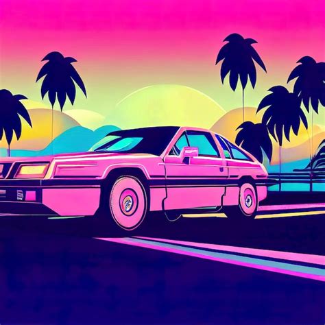 Arte dos anos 80 do estilo synthwave do carro da onda retrô Foto Premium