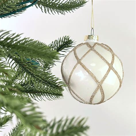 White Ball Ornament With Golden Glitter Swirls Set Of 6 Ironyhome