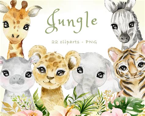 Jungle Watercolor Animal Clipart Jungle Nursery Safari Baby Shower