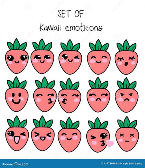 Grupo Do Vetor Dos Emoticons Do Kawaii Morangos Bonitos As Caras