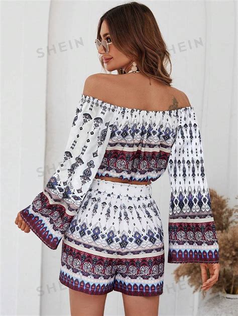 SHEIN VCAY Allover Print Off Shoulder Tie Front Crop Top Shorts