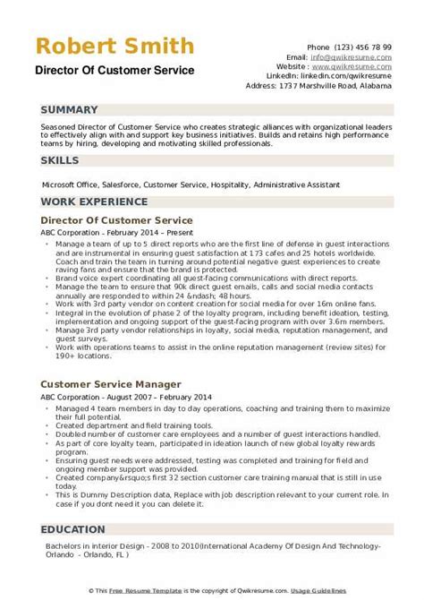 Director Of Customer Service Resume Samples Qwikresume