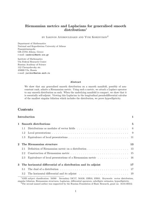 (PDF) Riemannian metrics and Laplacians for generalised smooth distributions