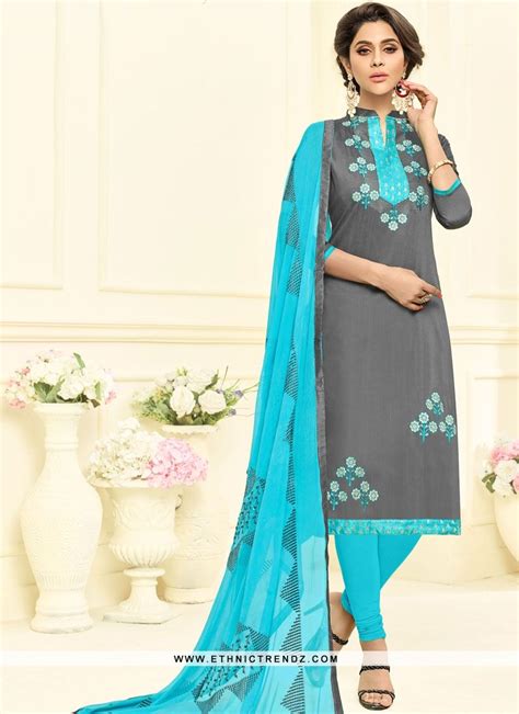 Cotton Grey Embroidered Churidar Suit Salwar Kameez Designs Churidar