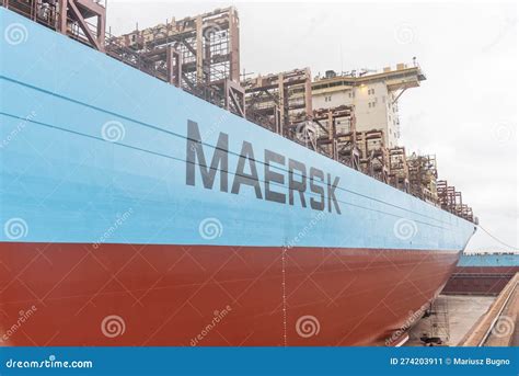 View On The Maersk Owned Container Loaded On The Cargo Ship Editorial