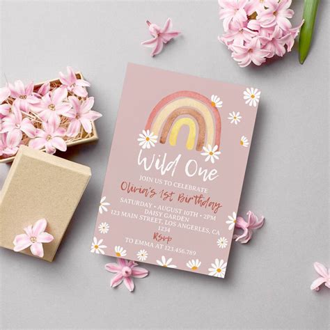 Editable Daisy Birthday Party Invitation Boho Rainbow St Etsy Hong Kong