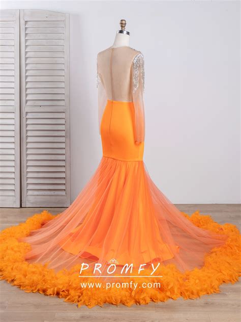 Promfy Sexy Beading Bodice Orange Feather Train Prom Dress