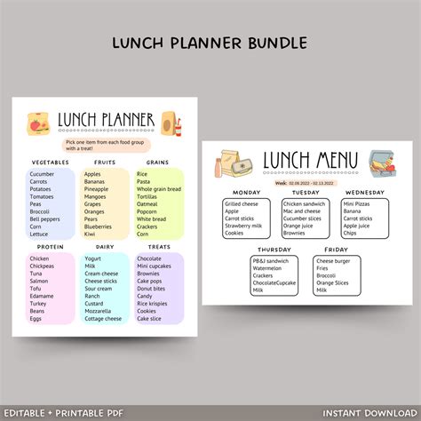 School Lunch Meal Planner Printable, Editable Lunch Menu Kids ...