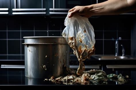 Persona sosteniendo una bolsa de plástico sobre la lata de basura para