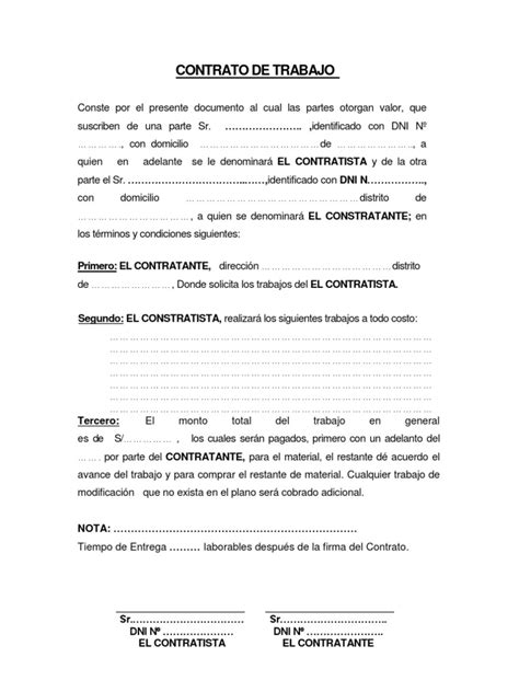 Formato De Contrato De Trabajo A Todo Costo Para Llenar