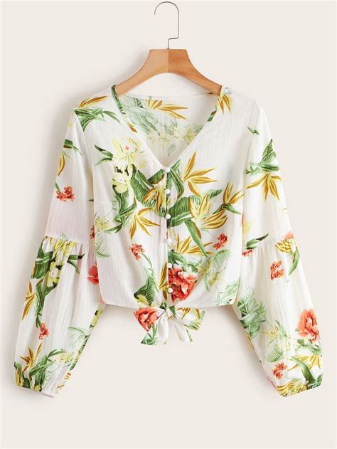 V Neck Floral Print Knot Hem Blouse Shein Blouse Outfit Floral Tops