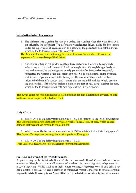 Law Of Tort Mcq Lecture Notes 1 9 Law Of Tort Mcq Questions Seminar