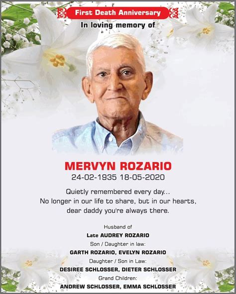 First Death Anniversary In Loving Memory Of Mervyn Rozario Ad Advert