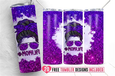 20oz Glitter Mom Life Messy Bun Skinny Tumbler Sublimation Png Leopard