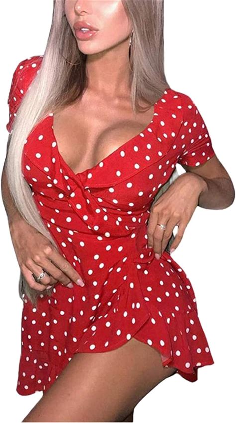 Womens Sexy Polka Dot Dress Print Ruffled Short Sleeve Dress Summer Skater Swing Clothing