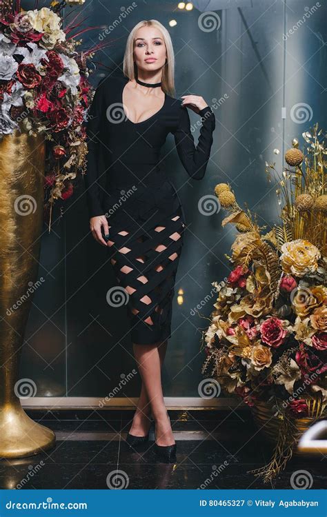 Belle Femme Blonde Posant Dans La Robe Noire Image Stock Image Du Salon Verticale 80465327