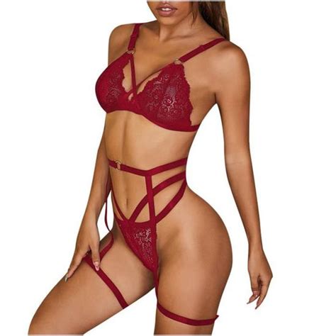 Mode F Minine Dentelle Fronde Croix Lingerie Sexy Vider Costume Trois