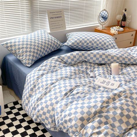 Trending Pastel Interior Danish Aesthetic Check Pattern Bedding