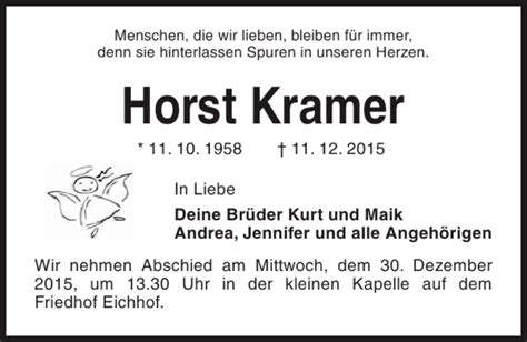 Traueranzeigen Von Horst Kramer Trauer Anzeigen De