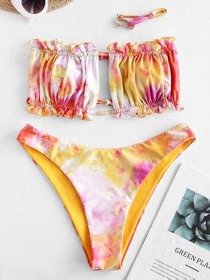 ZAFUL Tie Dye Frilled Cutout Reversible Bikini Swimsuit Multi A L
