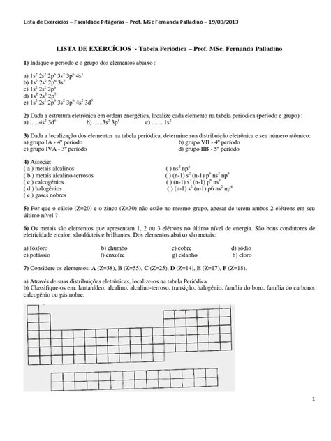 EXERCÍCIOS de Tabela Periódica - 20130319130048 | PDF
