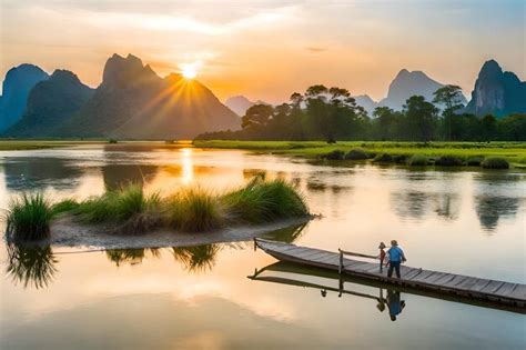 Premium AI Image | a couple fishing in a lake at sunset